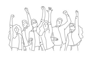 Line drawing illustration of happy friends or students raised arms.